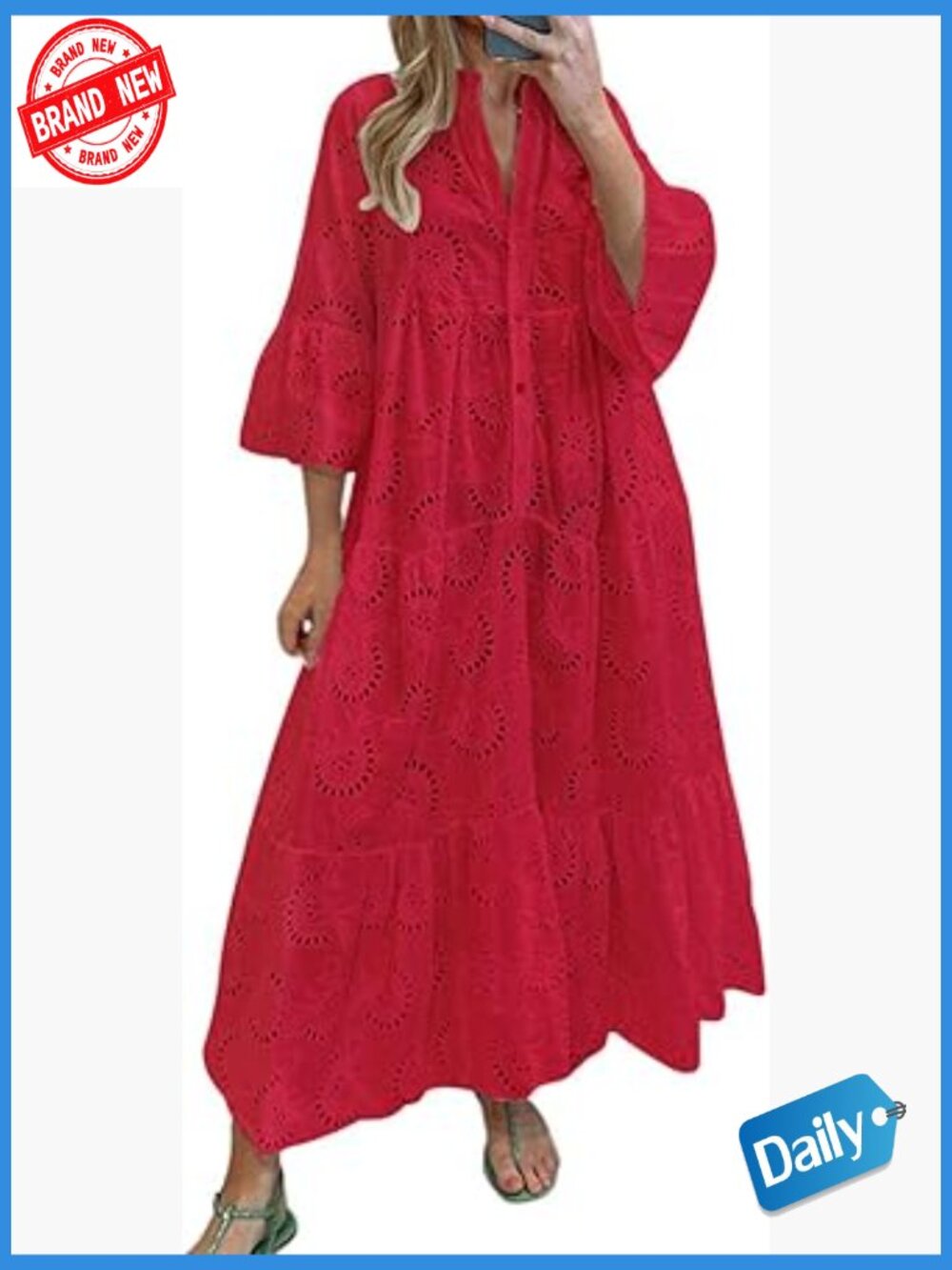Lace Eyelet Maxi Dress - V-Neck Trumpet Sleeve Boho Flowy Swing Dress